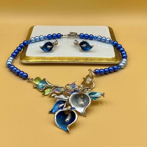 Blue Butterfly & Flowers Bib Statement Necklace and Earring Set Colorful Jewelry Optional Matching Bracelet image 4