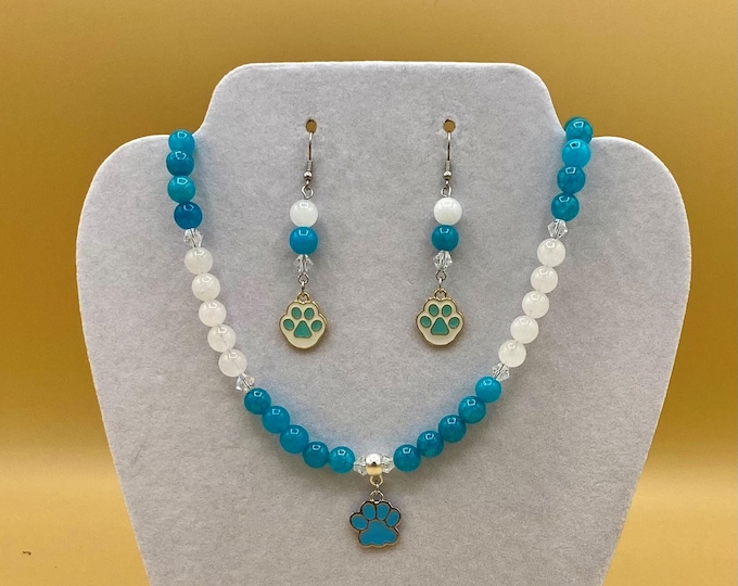 Blue Cat Dog Paw Necklace & Earring Set