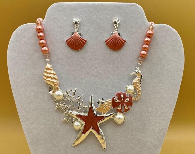 Shades of Pink Coral Starfish Bib Statement Necklace and Earring Set Magnetic Clasp Optional Matching Bracelet