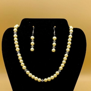 Butter Yellow Glass Pearl & Crystal Necklace and Earring Set Plus Size Magnet or Toggle