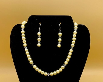 Butter Yellow Glass Pearl & Crystal Necklace and Earring Set Plus Size Magnet or Toggle