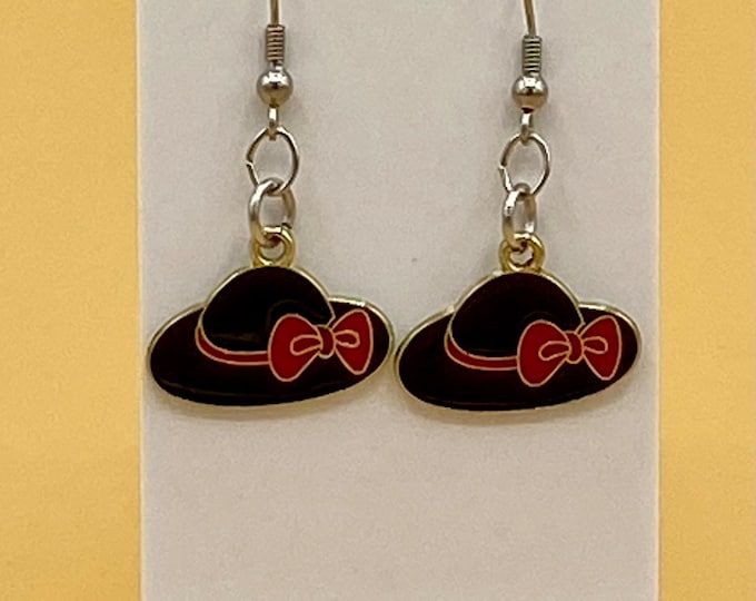 Black Hat with Bow Earrings Stainless Hook