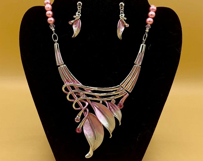 Pink Enamel Leaf Statement Necklace, Bracelet and Earring Set