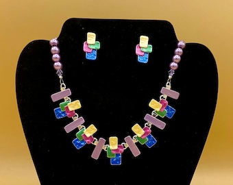 Colorful Rectangles Bib Necklace & Earring Set with Optional Matching Bracelet