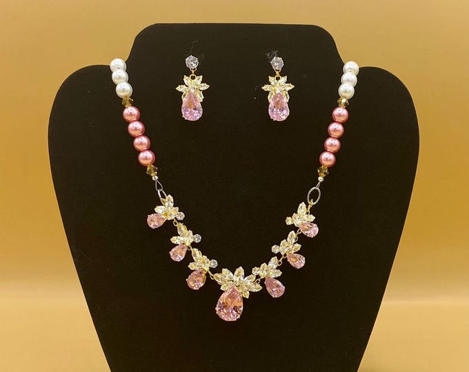 Pink Cubic Zirconia CZ Jewelry Set Necklace Earring and Bracelet
