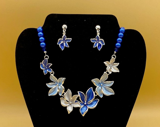 Blue Flowers and Crystals Bib Necklace & Earring Set with Optional Matching Bracelet