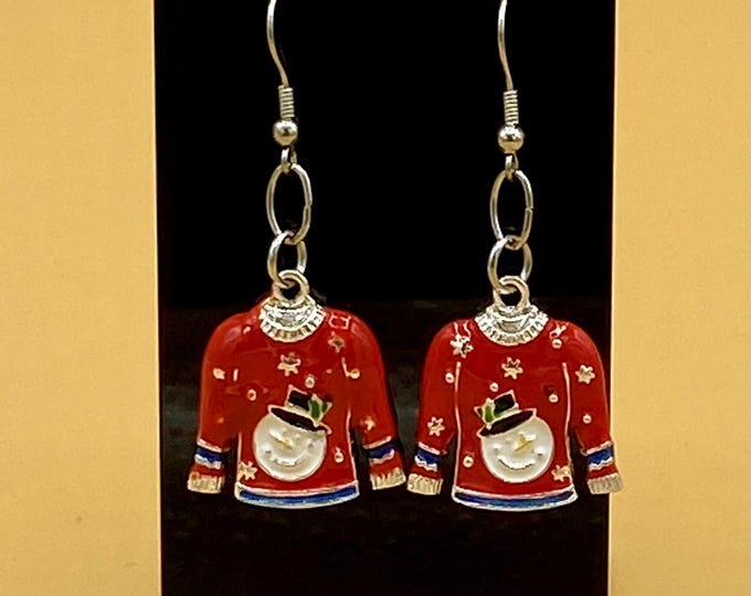 Red Enamel Ugly Christmas Sweater Earrings Stainless Hook