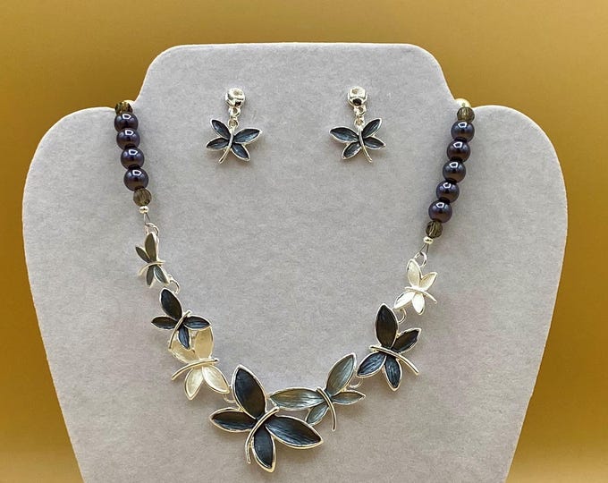 Black and Gray Dragonfly and Crystals Bib Necklace & Earring Set with Optional Matching Bracelet