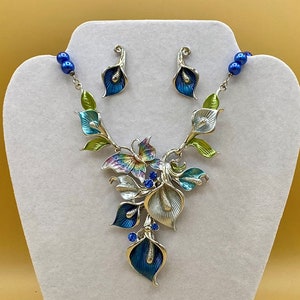 Blue Butterfly & Flowers Bib Statement Necklace and Earring Set Colorful Jewelry Optional Matching Bracelet image 1