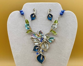 Blue Butterfly & Flowers Bib Statement Necklace and Earring Set Colorful Jewelry Optional Matching Bracelet