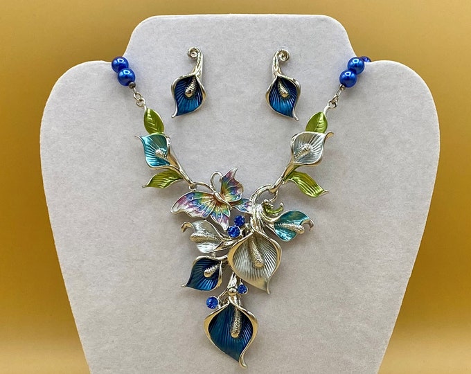 Blue Butterfly & Flowers Bib Statement Necklace and Earring Set Colorful Jewelry Optional Matching Bracelet