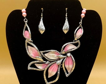 Hammered Silver & Pink Glass Bib Statement Necklace and Earring Set Optional Matching Bracelet
