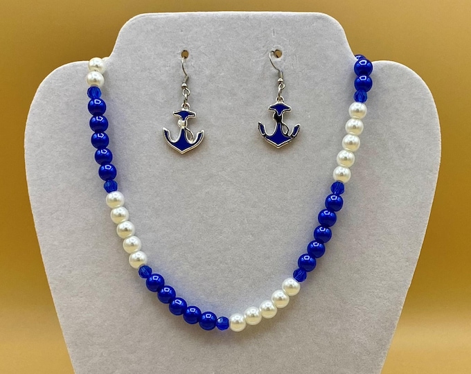 Royal Blue and White Necklace and Enamel Anchor Earring Set Plus Size Hand Beaded Toggle Magnet