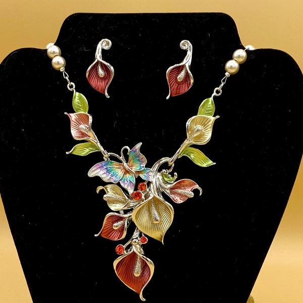 Copper Color Bib Statement Necklace and Earring Set Plus Size Butterfly & Flowers with Optional Matching Bracelet