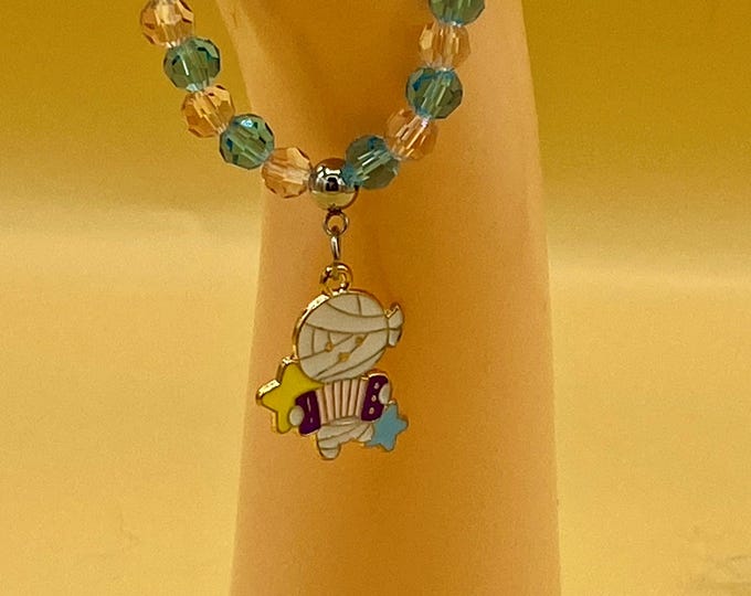 Handcrafted Mummy Charm Bracelet: Teal Peach Crystal Beads, Halloween Kids Jewelry