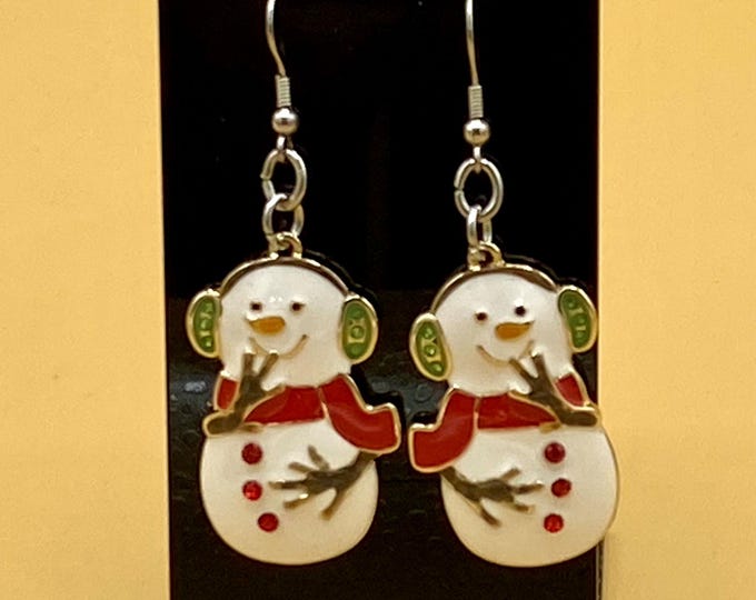 Enamel Christmas Snowman Earrings Stainless Hook