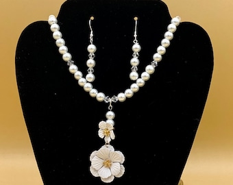 White Flower Statement Necklace and Earring Set Plus Size Optional Matching Bracelet