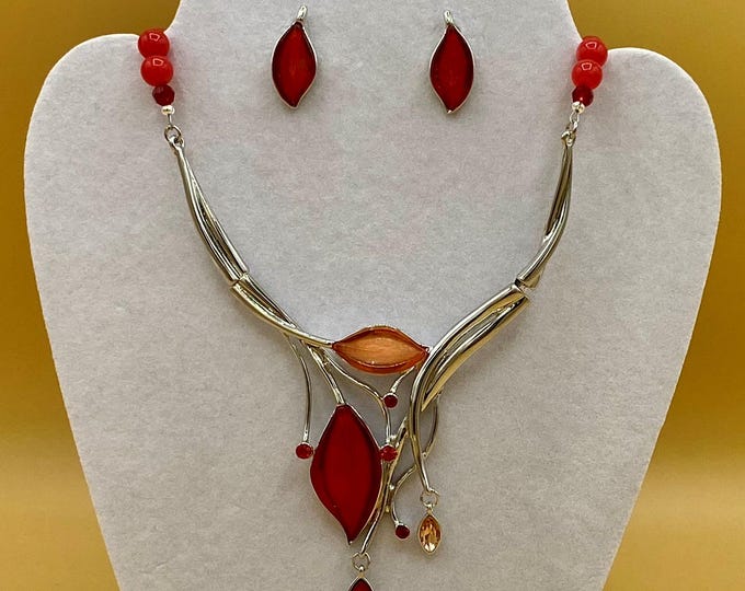 Red Glass Leaf Bib Necklace & Earring Set: Magnetic Clasp, Plus Size Option
