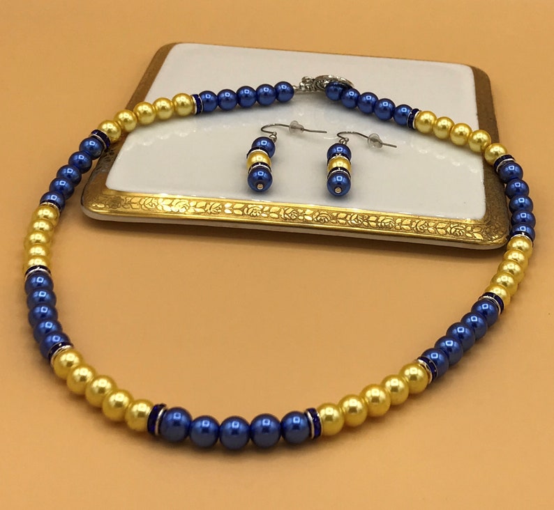 Royal Blue & Yellow Pearl Necklace and Earring Set Plus Size Beaded Crystal Glass Pearls Optional Matching Bracelet image 3