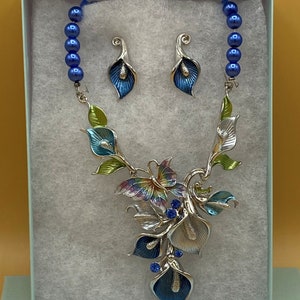Blue Butterfly & Flowers Bib Statement Necklace and Earring Set Colorful Jewelry Optional Matching Bracelet image 10