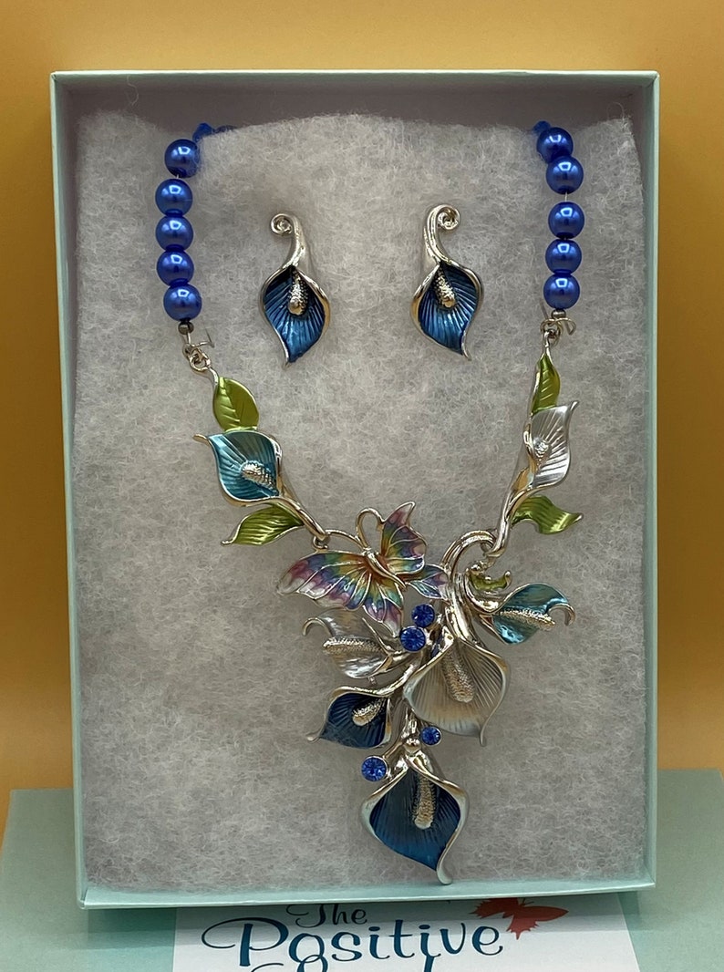 Blue Butterfly & Flowers Bib Statement Necklace and Earring Set Colorful Jewelry Optional Matching Bracelet image 10