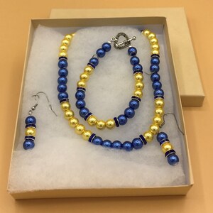 Royal Blue & Yellow Pearl Necklace and Earring Set Plus Size Beaded Crystal Glass Pearls Optional Matching Bracelet image 8