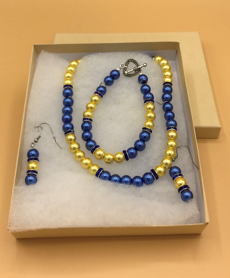 Royal Blue & Yellow Pearl Necklace and Earring Set Plus Size Beaded Crystal Glass Pearls Optional Matching Bracelet image 8