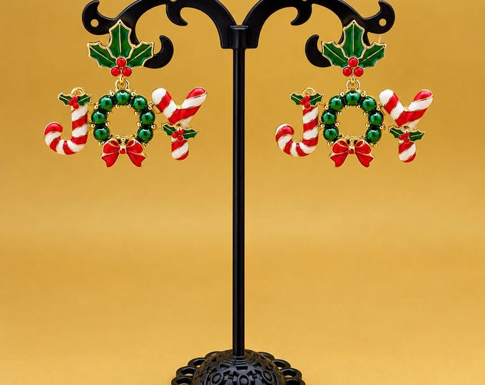 JOY Christmas Earrings Candy Cane, Wreath and Holly Stainless Steel Post