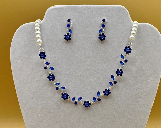Sapphire Blue Crystal Flower Bib Statement Necklace & Earring Set with Matching Bracelet