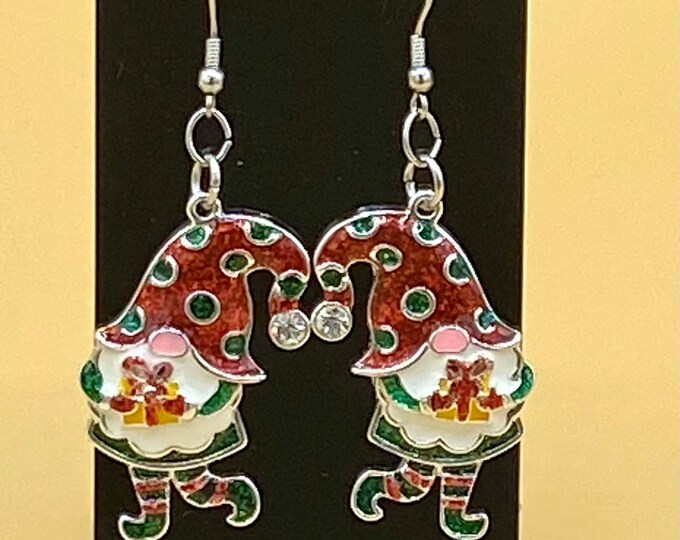 Enamel Christmas Gnome with Gift Earrings Stainless Hook