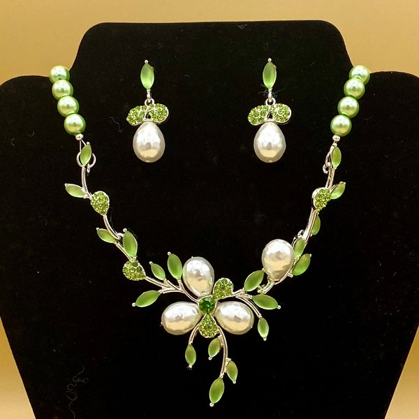 Peridot Green Crystal Flower Teardrop Pearl Bib Statement Necklace & Earring Set Optional Matching Bracelet