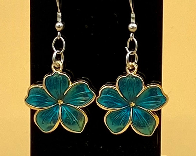 Colorful Enamel Flower Earrings Dangle Lightweight Teal Blue