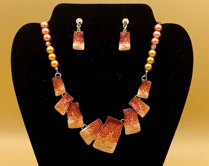 Shades of Coral Ombre Bib Statement Necklace & Earring Set Glass Pearls Optional Matching Bracelet