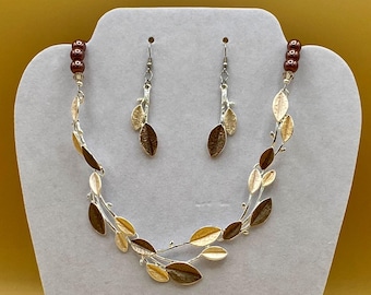 3 Pc Enamel Leaf Bib Necklace & Earring Set Including Matching Bracelet