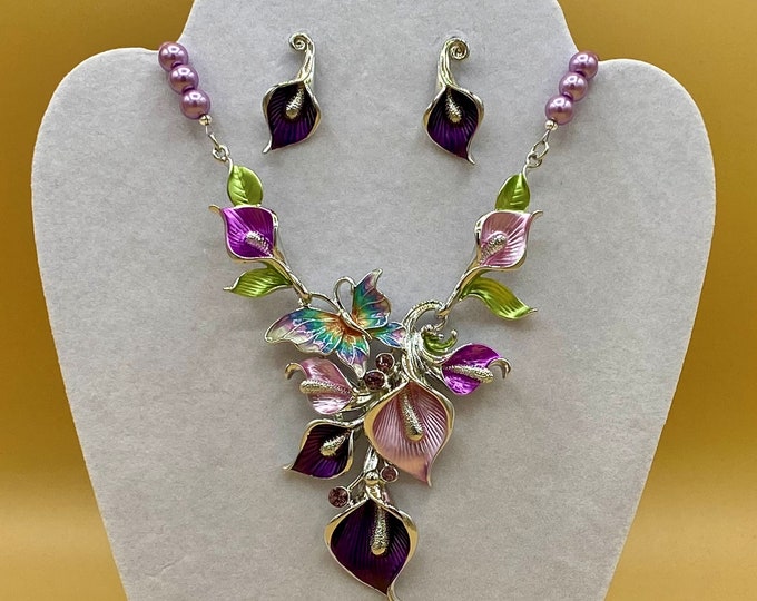 Purple Butterfly & Flowers Bib Statement Necklace Earring Set Plus Size Colorful Optional Matching Bracelet