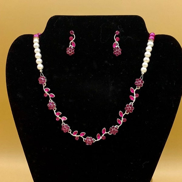 Trendy Fuchsia Hot Pink Crystal Flower Bib Statement Necklace & Earring Set with Matching Bracelet