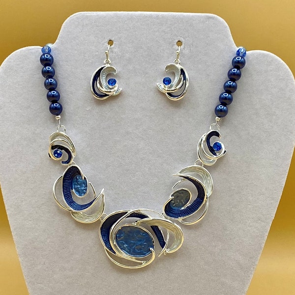 Blue Swirls Statement Necklace and Earring Set Bib Optional Matching Magnetic Bracelet