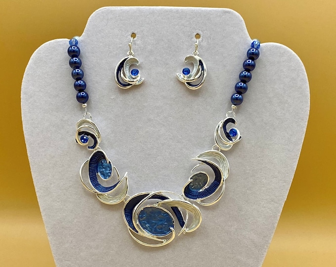 Blue Swirls Statement Necklace and Earring Set Bib Optional Matching Magnetic Bracelet