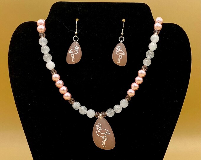 Pink Sea Glass Flamingo Beach Tropical  Necklace and Earring Set Includes Matching Magnetic Bracelet