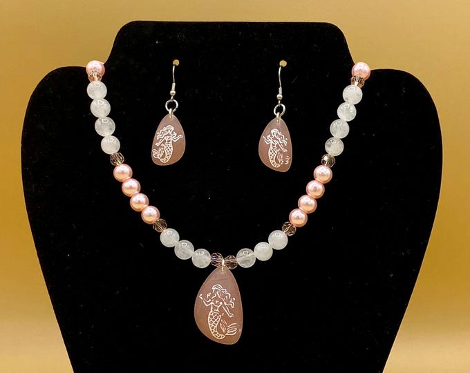 Pink Sea Glass Mermaid Beach Tropical  Necklace and Earring Set Includes Matching Magnetic Bracelet