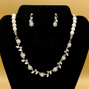 White Crystal Flower Bib Statement Necklace & Earring Set with Matching Bracelet