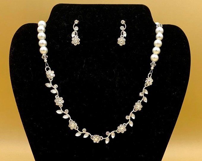 White Crystal Flower Bib Statement Necklace & Earring Set with Matching Bracelet