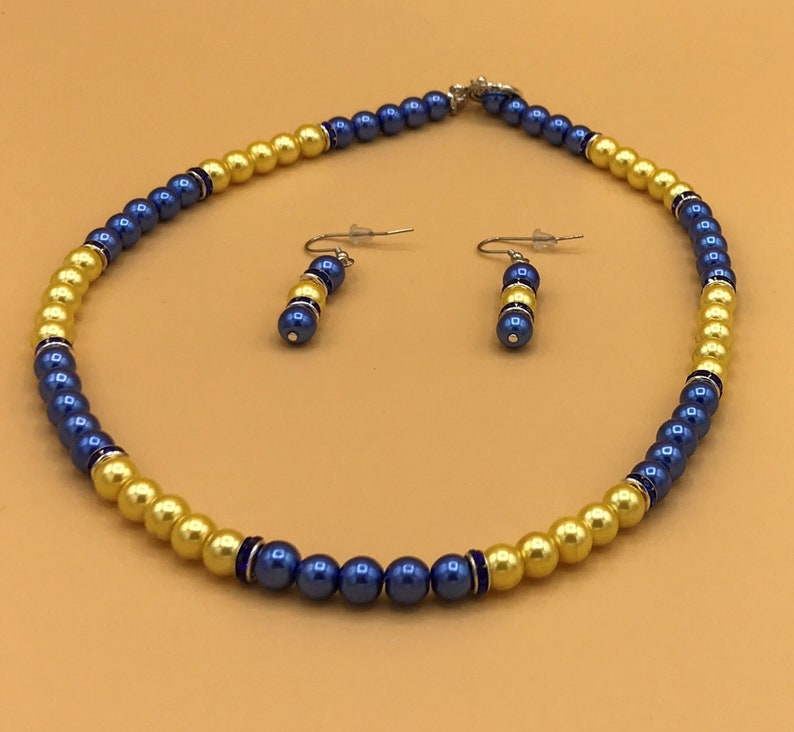 Royal Blue & Yellow Pearl Necklace and Earring Set Plus Size Beaded Crystal Glass Pearls Optional Matching Bracelet image 5