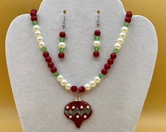 Red Christmas Ornament Necklace and Earring Set Plus Size Including Matching Bracelet