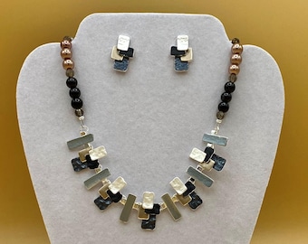 Neutral Black Grey Rectangles Bib Necklace & Earring Set with Optional Matching Bracelet