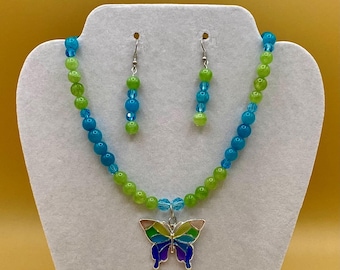 Stain Glass Look Butterfly Necklace and Earring Set Includes Matching Magnetic Bracelet