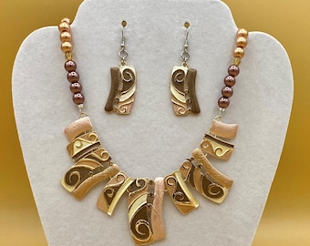 Neutral Art Deco Style Bib Statement Necklace and Earring Set Including Matching Magnetic Bracelet