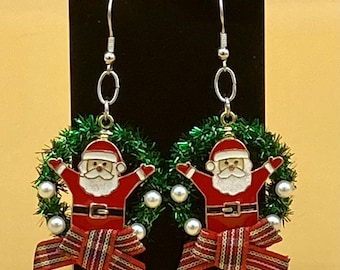 Enamel Christmas Santa Wreath Earrings Stainless Hook