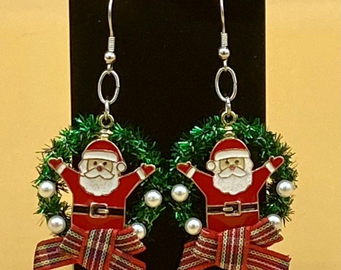 Enamel Christmas Santa Wreath Earrings Stainless Hook