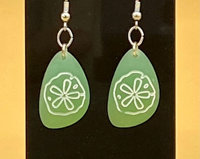 Green Etched Sand Dollar Sea Glass Earrings Stainless Hook